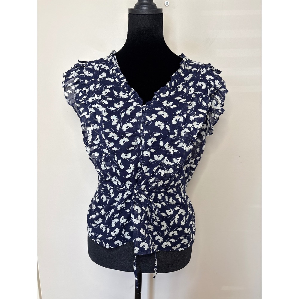 Polo Ralph Lauren Navy Blue Daisy Floral Ruffle Tie Waist Peplum Blouse Size 0